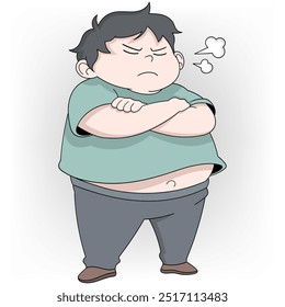 doodle cartoon illustration about anger must be controlled, fat boy is holding back his anger because he is hungry