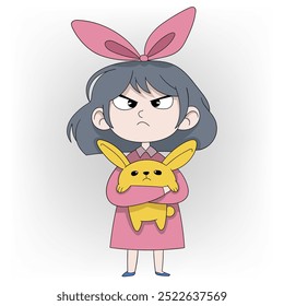 doodle cartoon illustration about animal and human interaction, girl is holding a rabbit they show angry face