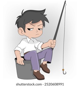 Doodle ilustración de dibujos animados sobre el trabajo aburrido en busca de ideas creativas, el chico de negocios está sentado con una cara aburrida haciendo su pasatiempo de la pesca