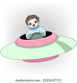 doodle cartoon illustration about children's limitless imagination, boy is riding a UFO flying into space becoming a dream astronaut