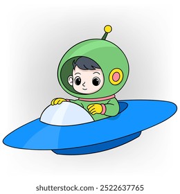 doodle cartoon illustration about children's limitless imagination, boy is riding a UFO flying into space to become an astronaut