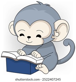 ilustração de desenho animado doodle sobre educação deve começar cedo, macaco bebê feliz aprendendo a ler livro de história