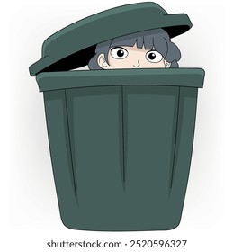 doodle cartoon illustration about people's silly behavior, a girl is hiding in a trash can because she is in debt