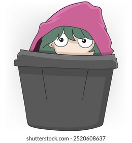 doodle cartoon illustration about people's silly behavior, a girl is hiding in a trash can because she is in debt and is afraid of being looked for