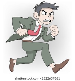 doodle cartoon illustration about work spirit is a source of positive energy, young man runs to the office to chase target with enthusiasm