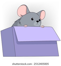 doodle cartoon illustration of animal behavior, cute mouse peeking out from inside a cardboard box