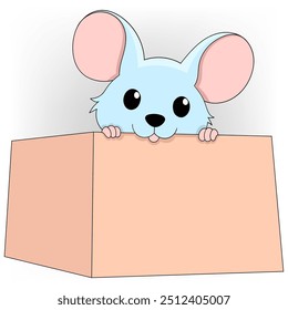 doodle cartoon illustration of animal behavior, cute mouse peeking out from inside a cardboard box