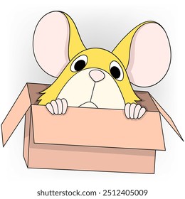 doodle cartoon illustration of animal behavior, cute mouse hiding in cardboard box