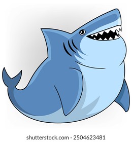 doodle cartoon illustration of animal, fat shark with happy smiling face has eaten a lot