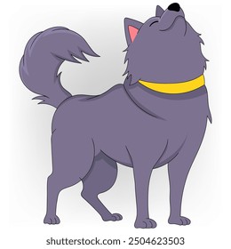 doodle cartoon illustration of animal, half wolf half dog, purple fur howling