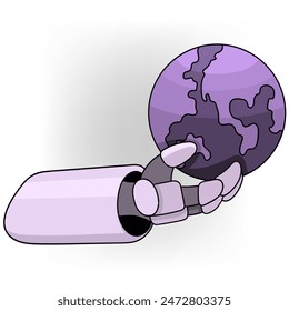 doodle cartoon illustration, artificial intelligence technology will rule the world in the future, robot hand holding world globe