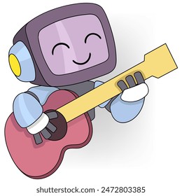 doodle cartoon illustration, artificial intelligence learning technology, a robot is sitting playing a guitar and composing a song