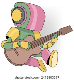 ilustración de dibujos animados de garabatos, tecnología de aprendizaje de inteligencia artificial, un robot está sentado tocando una guitarra y componiendo una canción