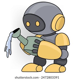 doodle cartoon illustration, artificial intelligence technology will be the worker of the future, robot gardener is watering