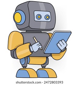 doodle cartoon illustration, artificial intelligence technology, robot is studying the world carrying a book and pencil to take notes