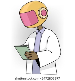 ilustración de dibujos animados de garabatos, tecnología de inteligencia artificial será el trabajador del futuro, un doctor robot lleva el historial médico de un paciente para su análisis