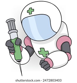 Doodle Cartoon Illustration, künstliche Intelligenz Zukunftstechnologie, Roboter Krankenschwester mit einer Injektion, die Medizin enthält