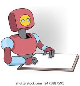 doodle cartoon illustration of artificial intelligence, robot is learning to draw on canvas paper