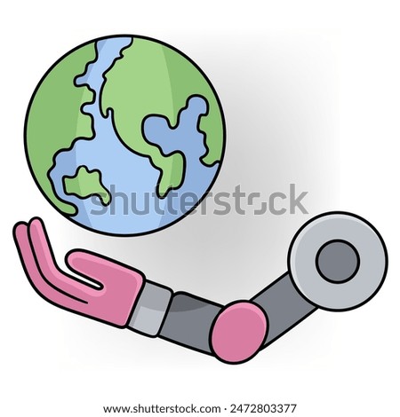 doodle cartoon illustration, artificial intelligence technology will rule the world in the future, robot hand holding world globe