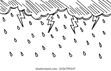 Doodle cartoon illustration background of lightning thunderstorm clouds with rainfall drops.