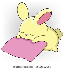 doodle cartoon illustration of cute animals, lazy rabbit lying on a pillow
