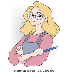 doodle cartoon illustration, diligent female student, smiling carrying a pen to do assignments