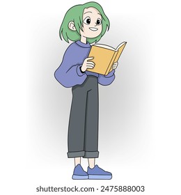 doodle cartoon illustration of education is a priority, girl is standing reading a book happily