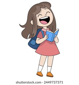 dibujo animado doodle ilustración, niña de la escuela primaria está leyendo un libro de humor mientras se ríe a carcajadas