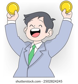 doodle cartoon illustration of financial success at a young age is everyone's dream, boy is showing his investment gold coins