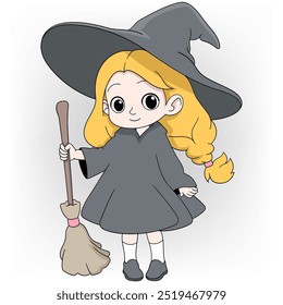 doodle cartoon illustration of halloween celebration, little girl in witch costume carrying broom to fly