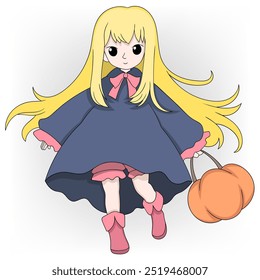 ilustração de desenho animado doodle da celebração de halloween, bruxinha feliz está a caminho da festa carregando uma abóbora