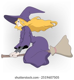 doodle cartoon illustration of halloween celebration, female witch flying using broom into space