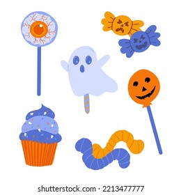 	
Doodle cartoon illustration of halloween characters and treats. Ghost and candies. Worms and cakes