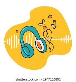 Doodle Cartoon Illustration Of Headphone With Sound Wave In Concept Of Sound Listening And Pod Casting.