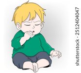 doodle cartoon illustration of health problems experienced by most people, little boy is experiencing a cough due to the winter flu virus