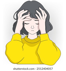 doodle cartoon illustration of health problems experienced by most people, a young girl was holding her head as she was having a migraine headache