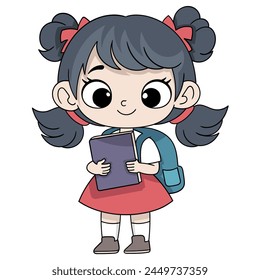 doodle cartoon illustration, little girl student is carrying books going to kindergarten school