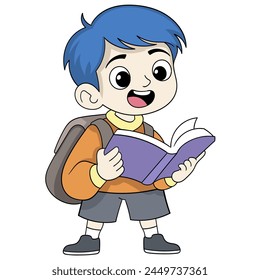 doodle cartoon illustration, male elementary school student carrying a book to learn how to walk to school