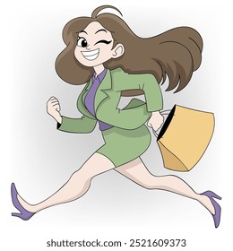 doodle cartoon illustration payday is shopping time, business woman is running carrying shopping bags happily