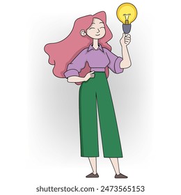 doodle cartoon illustration of a person getting inspiration and ideas, a business girl holding a lamp is getting the best sales strategy