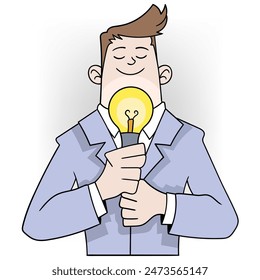 doodle cartoon illustration of a person when he gets inspiration and ideas, a businessman holding a lighting lamp gets a strategy for successful work