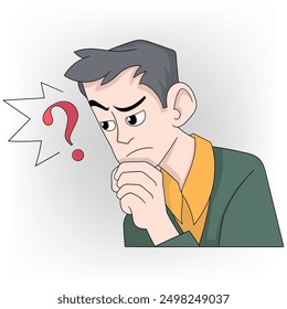 doodle cartoon illustration of thinking activity solving problems, businessman is daydreaming thinking about the best business strategy to get high profit