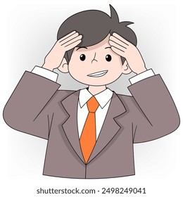 doodle cartoon illustration of a worker thinking, businessman holding his dizzy head