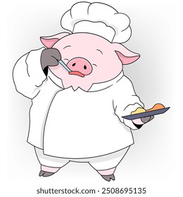 ilustração de desenho animado de animais de trabalho, porco vestindo roupas de chef promovendo comida deliciosa