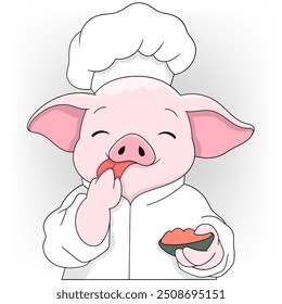 doodle cartoon illustration of working animals, pig wearing chef clothes promoting delicious food