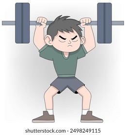 doodle cartoon illustration workout, boy is lifting barbell with all his might