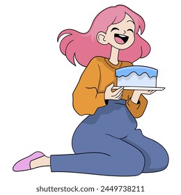 doodle cartoon illustration, young mother is sitting laughing happily carrying tart cake, a pleasant birthday surprise