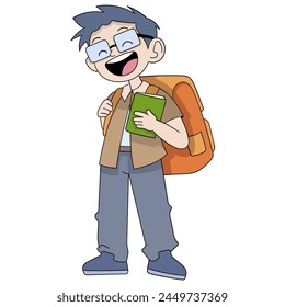 ilustración de dibujos animados de garabatos, joven nerd con gafas que lleva una mochila va al campus a estudiar