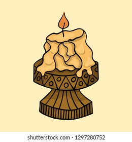 doodle cartoon isolated burning candle on brown vintage candleholder