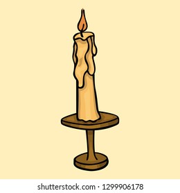 doodle cartoon isolated burning candle on brown vintage candleholder